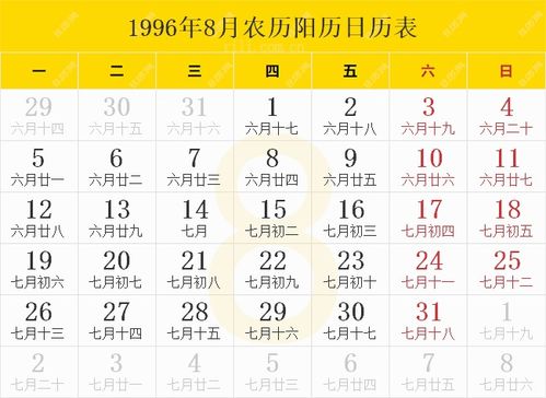 1996年日历（1996年日历表）